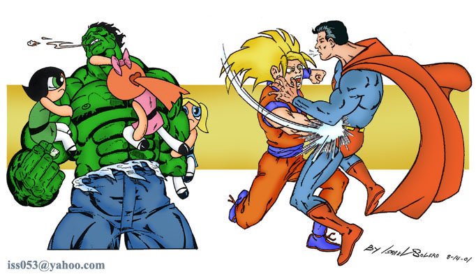 Double Impact: Power Puff Girls vs. Hulk while Goku vs. Superman (clr) Comic Art